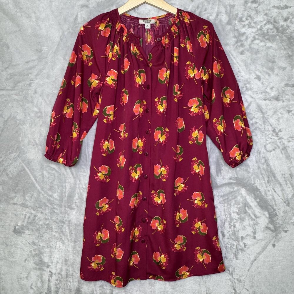 Tucker For Target Shirt Dress Womens Small Red Floral 3/4 Puff Sleeve Button